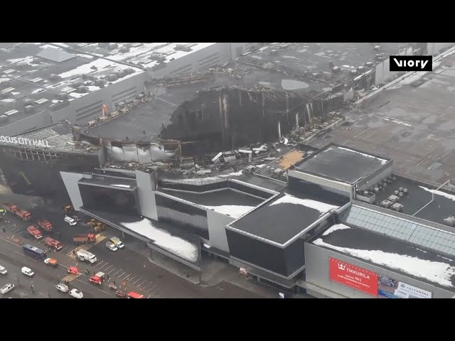 Aerial view of Moscow concert hall after deadly shooting, blaze