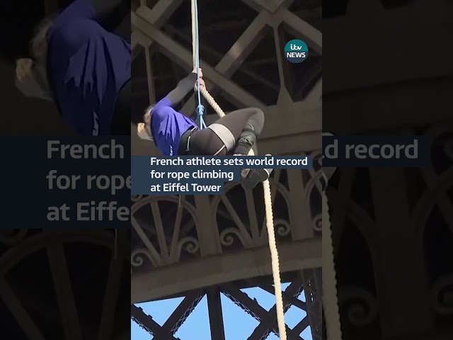 French athlete sets world record for rope climbing at Eiffel Tower. #itvnews