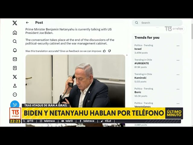 Tras ataque de Irán a Israel Biden y Netanyahu se comunicaron telefónicamente