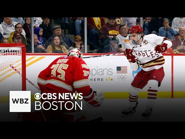 ⁣Boston College reacts after losing to Denver in Frozen Four Championship