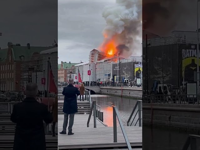 Fire rips through the historic old stock exchange building in Copenhagen, Denmark