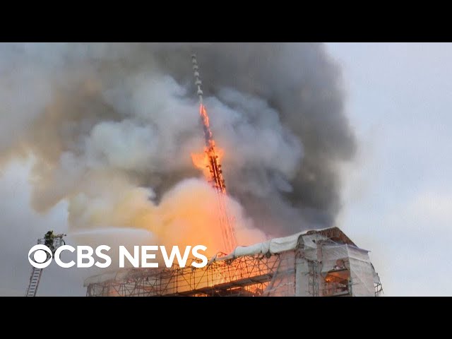 ⁣Copenhagen's historic Old Stock Exchange erupts in flames, collapsing legendary spire