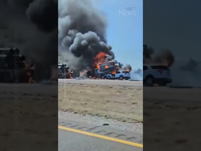 Fiery collision shuts down lanes of I-40 East of Albuquerque #shorts