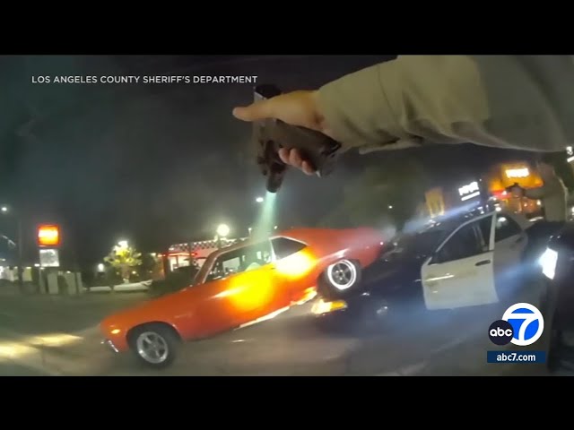 ⁣Bodycam video shows LASD shooting of man armed with knife who crashed Pontiac into patrol vehicle