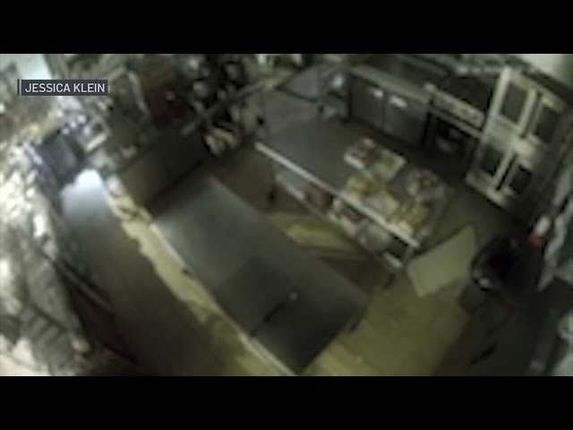 ⁣Surveillance video captures burglary suspect falling through ceiling at North Side bakery