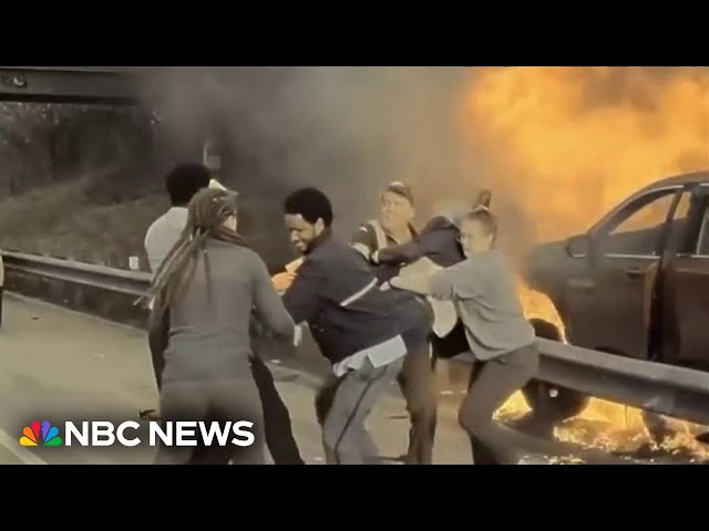 ⁣Good Samaritans save man from fiery crash on side of highway moments before fire reaches him
