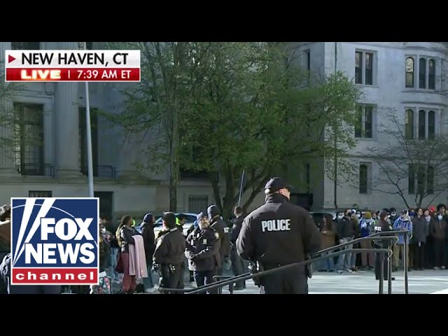 ⁣Riot police at Yale as hundreds of students hold anti-Israel protest