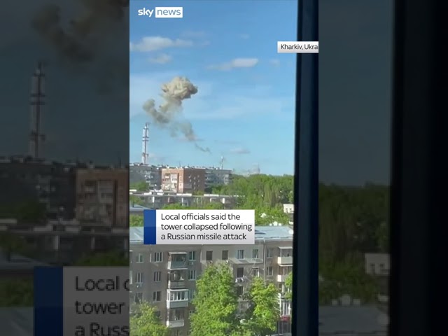 ⁣Moment Kharkiv TV tower snaps in half