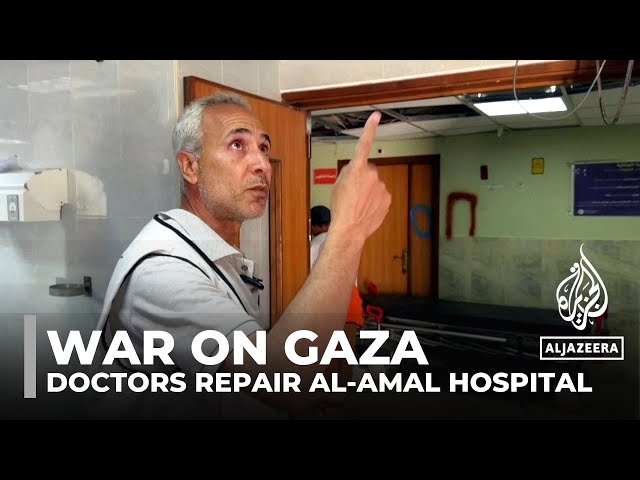 ⁣War on Gaza: Doctors and medics repair parts of damaged al-Amal hospital