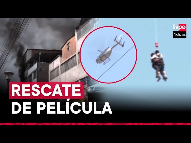 ⁣Incendio en Barrios Altos: increíble rescate en helicóptero PNP a persona atrapada en edificio