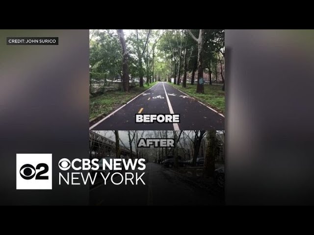 Parked cars take over a greenway in Queensbridge