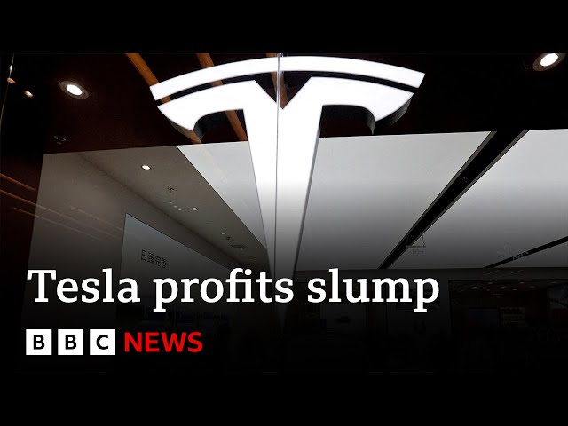 ⁣Tesla profits cut in half as demand falls | BBC News