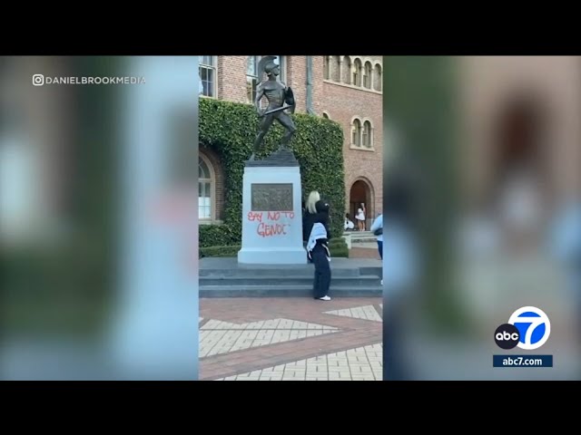 ⁣Pro-Palestinian demonstrators return to USC for another on-campus protest; statue vandalized