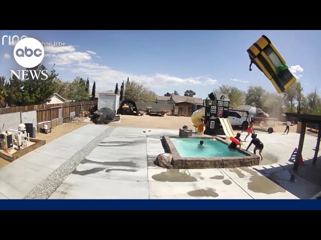 ⁣Dust devil caught on camera carrying away bouncy house
