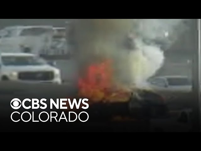 ⁣Car catches fire on southbound I-25 in Denver