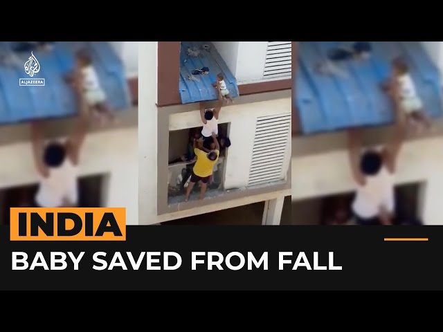 ⁣Baby rescued from apartment roof’s edge in India | #AJshorts