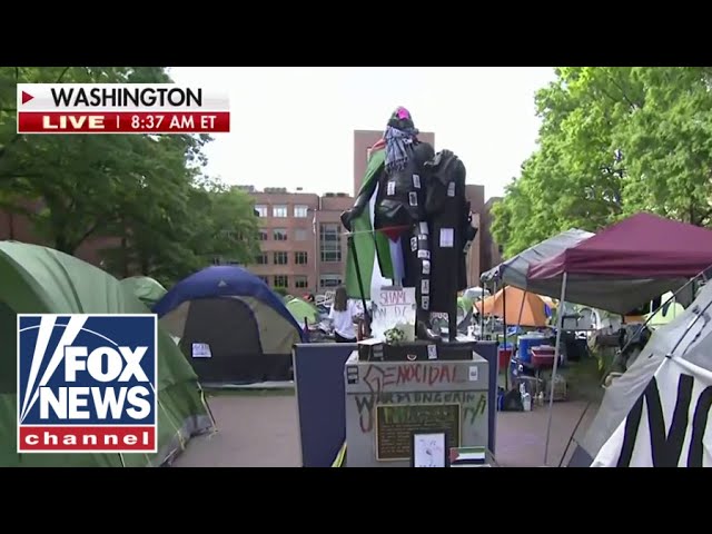 ⁣George Washington statue draped in Palestinian flag on DC campus