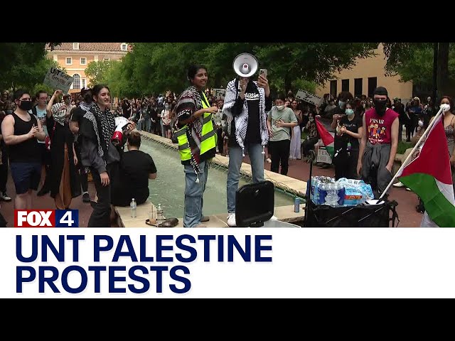 ⁣UNT pro-Palestinian protesters organize student walkout