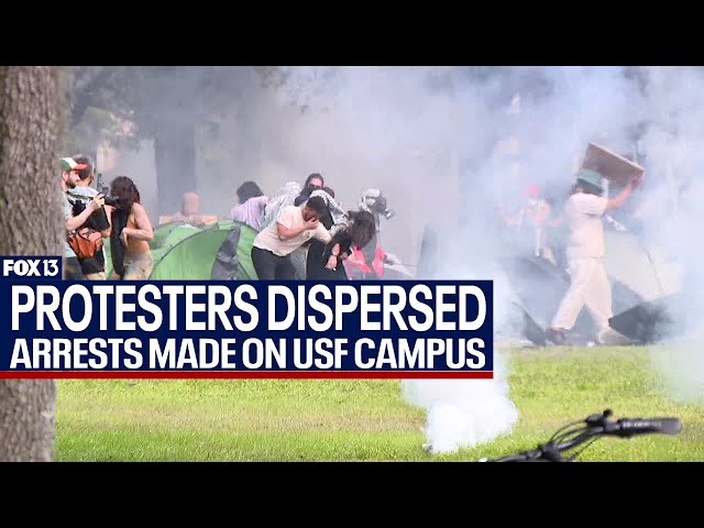 ⁣Police and protesters clash on USF campus