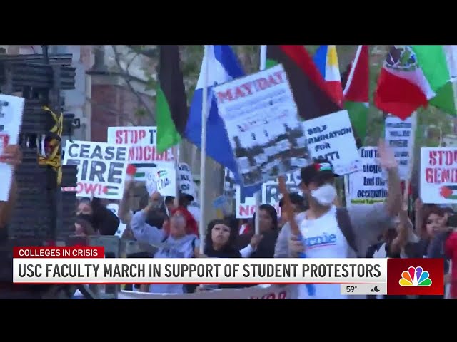 ⁣USC faculty march in support of pro-Palestinian protesters