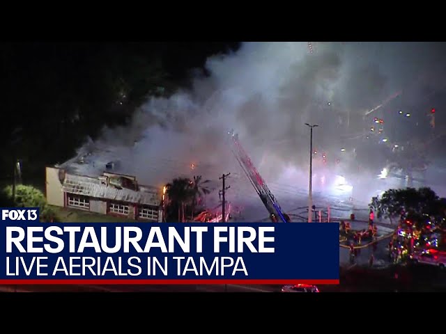 ⁣LIVE AERIALS: Massive fire roars at Cody's Roadhouse in Tampa