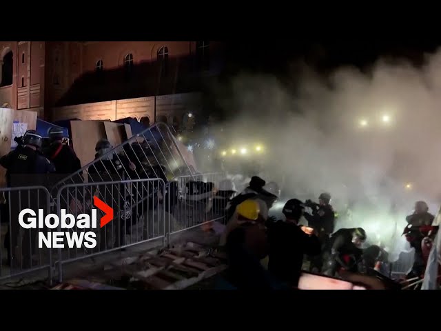 ⁣Violent clashes at UCLA as police dismantle pro-Palestinian protest encampment