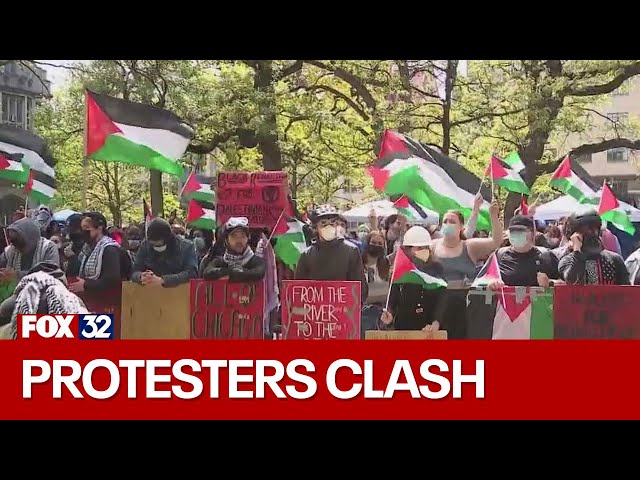 ⁣Tensions rise as counter-protesters clash with pro-Palestinian encampment at University of Chicago