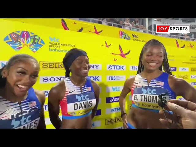 ⁣Bahamas 2024: Reaction of USA 4x100m women team after winning Heat 1 to book Paris Olympics ticket