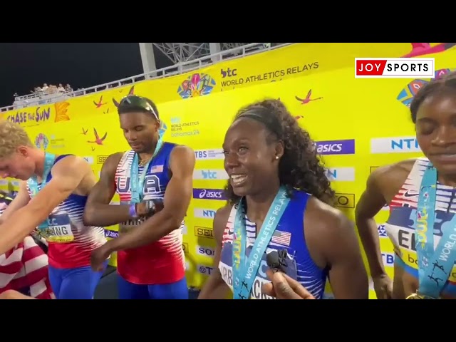 ⁣Bahamas 2024: Team USA react to winning gold in mixed 4x400m