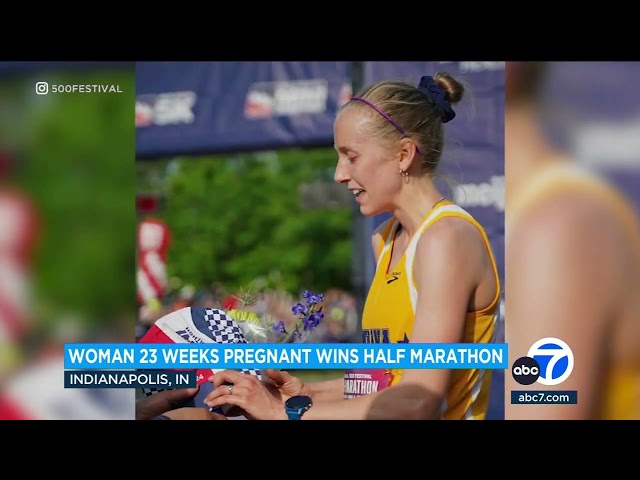 ⁣Woman wins half marathon while 23 weeks pregnant