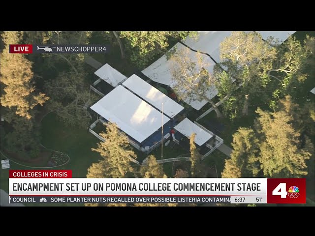 ⁣Protest encampment set up on Pomona College graduation stage