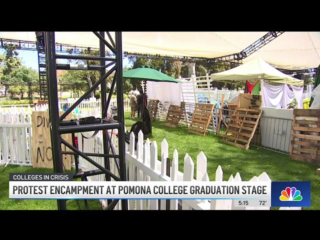 ⁣Protest encampment at Pomona College graduation stage