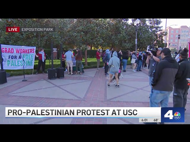 Pro-Palestinian grad students rally outside of USC
