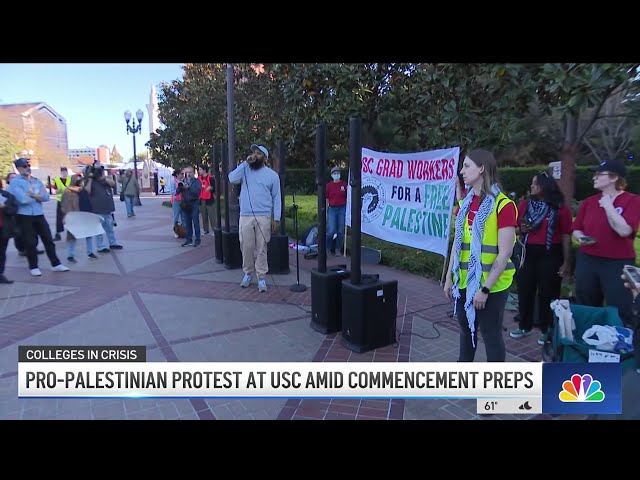 ⁣Pro-Palestinian protest at USC amid commencement preps