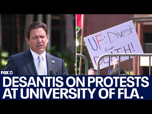 ⁣DeSantis decries college protests in front of pro-Palestinian crowd at UF