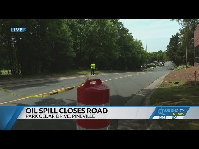 ⁣Pineville street closed due to oil spill
