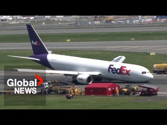 ⁣Boeing 767 cargo plane lands on nose after landing gear failure