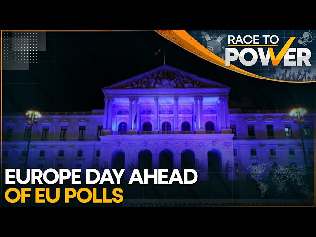 ⁣Portugal parliament lit up in EU colours on Europe Day | Race to Power