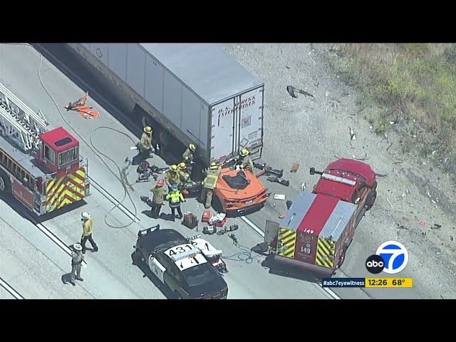 ⁣Corvette pinned under big rig after crash on 5 Freeway in Castaic