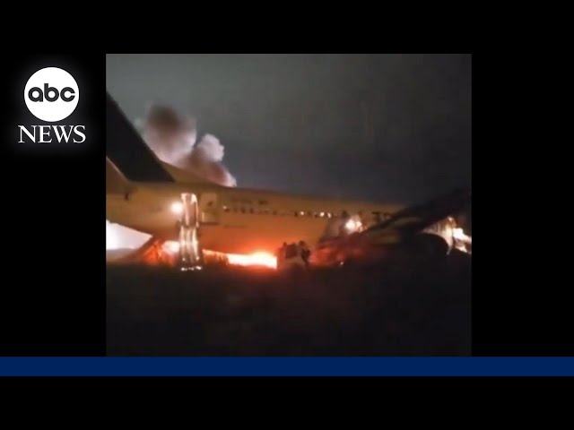 ⁣4 seriously injured after plane skids off runway and catches fire