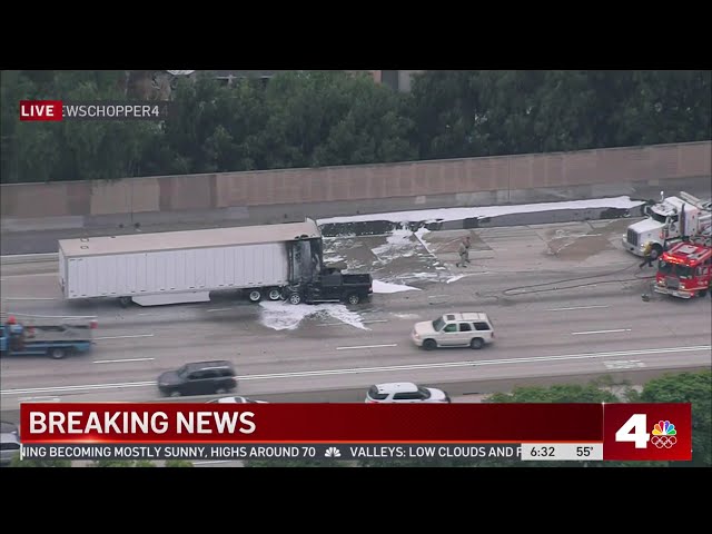 ⁣Pickup crashes into back of big rig trailer on 91 Freeway