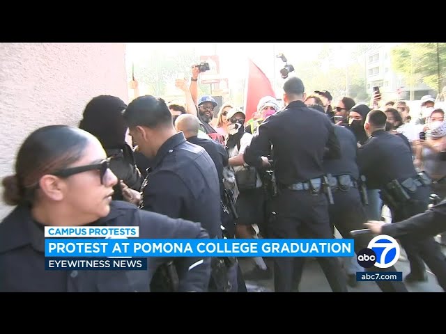 ⁣Protesters clash with police at pro-Palestinian demonstration outside Pomona College graduation