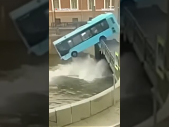 ⁣Russian bus plunges off bridge into river