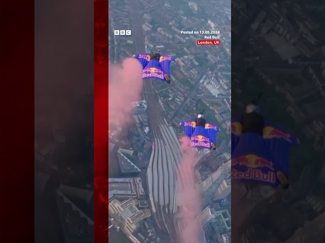 ⁣Skydivers complete wingsuit flight through London's Tower Bridge in world first. #Skydiving #BB