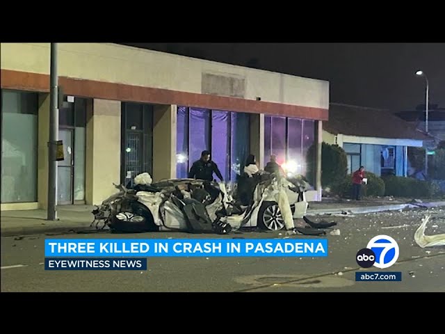 ⁣Surveillance video shows 100 mph Tesla crash that killed 3 in Pasadena