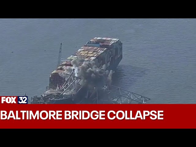 ⁣Crews start demolition on collapsed Baltimore bridge