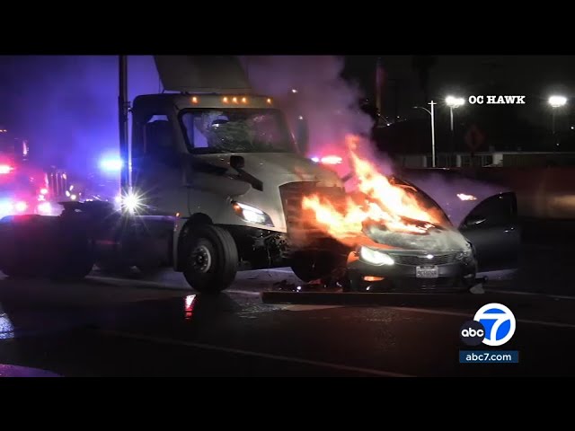 ⁣Police chase ends in fiery crash on 710 Freeway in Long Beach