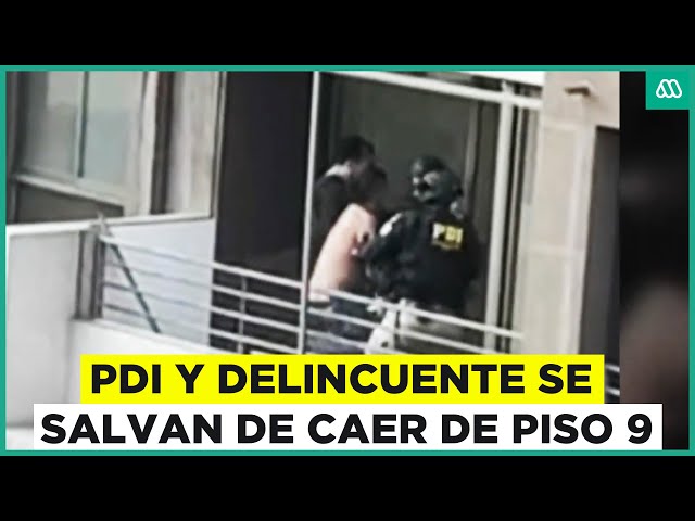 PDI y delincuente se salvan de caer del piso nueve de edificio: Sujeto escapaba del arresto