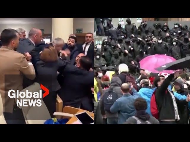 ⁣Georgia passes "foreign agents" bill: Lawmakers brawl, protesters clash at parliament
