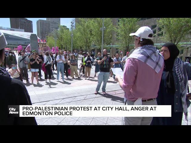 ⁣Pro-Palestinian protest against Edmonton police at City Hall
